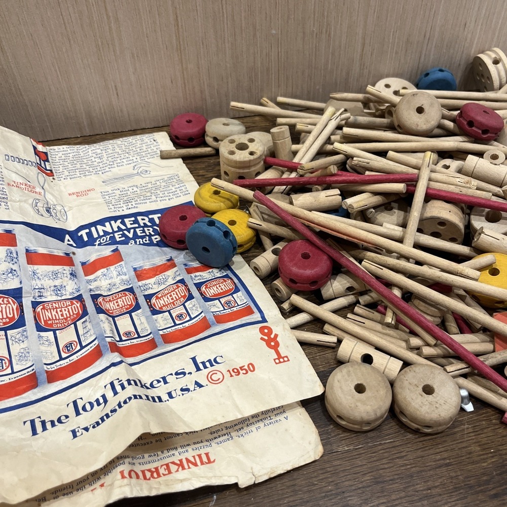 Vintage Original TINKER TOY & MAKIT Lot With Instructions 210 Pieces 1950 Wooden